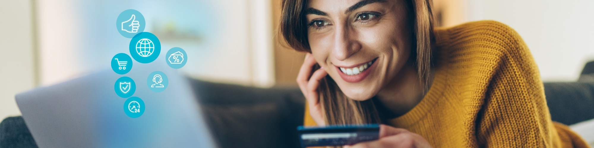 Frau mit Laptop und Kreditkarte - E-Commerce-Lösungen von D&G-Software für bequemes Onlineshopping.