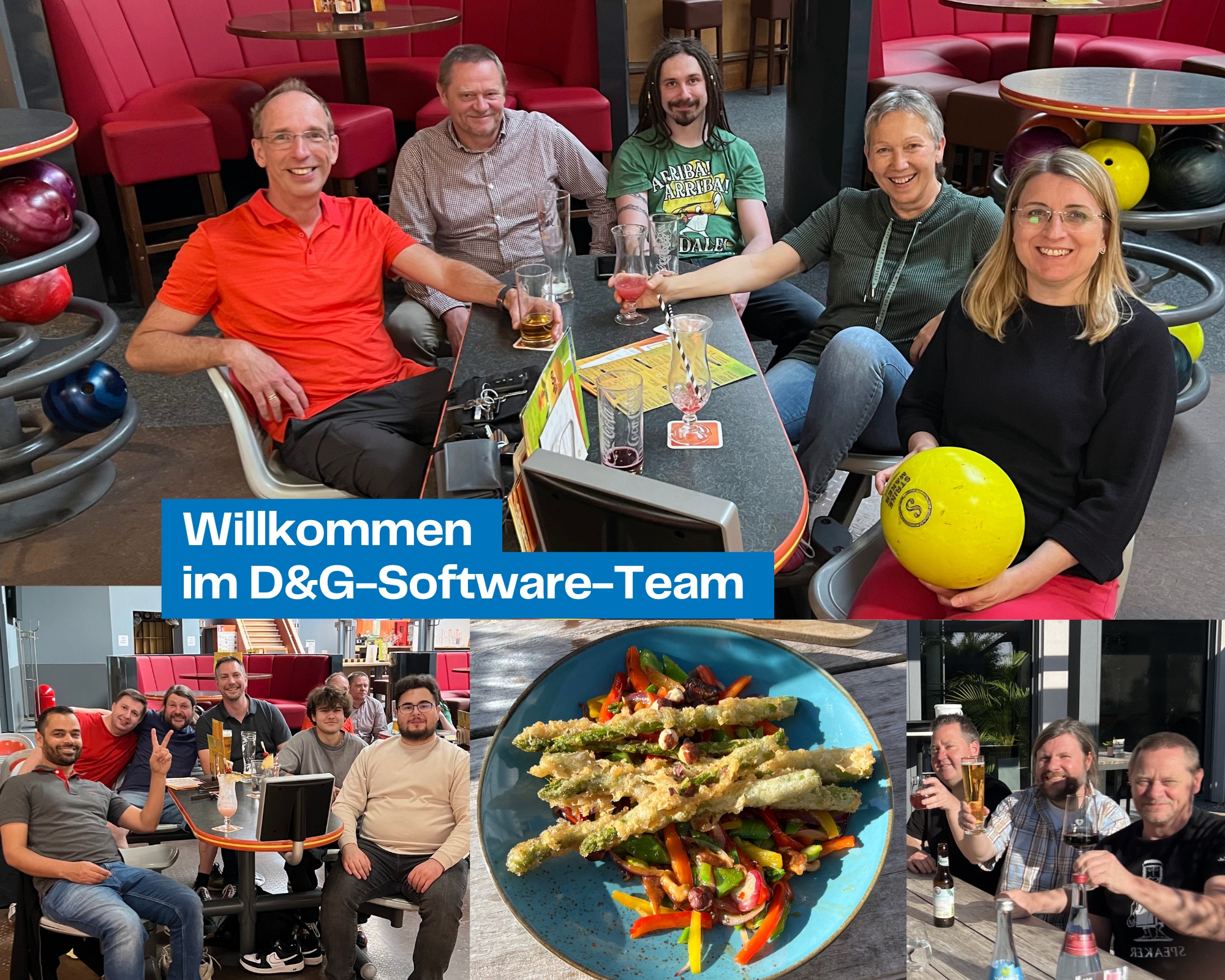 Mitarbeiter beim Bowlen lachend und Bild von Essen und Kollegen die anstoßen