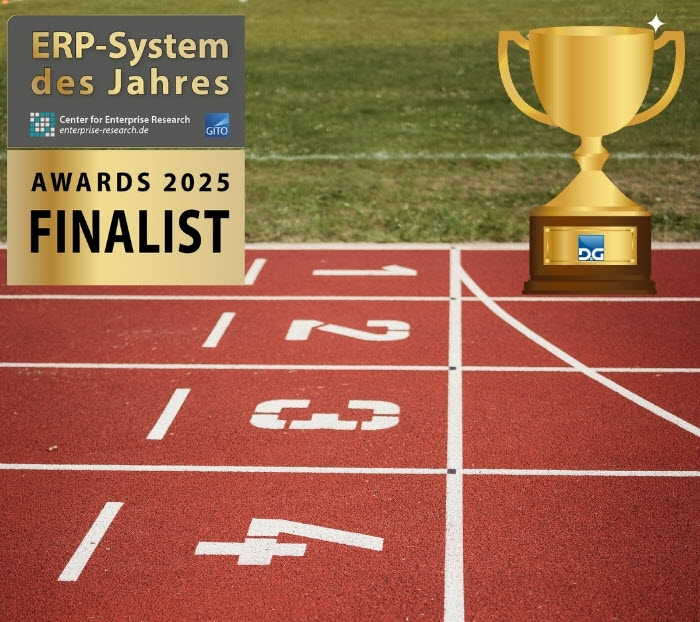 Zielgerade ERP System des Jahres Finalistensiegel vom Vorjahr mit Pokal mit D&G Logo