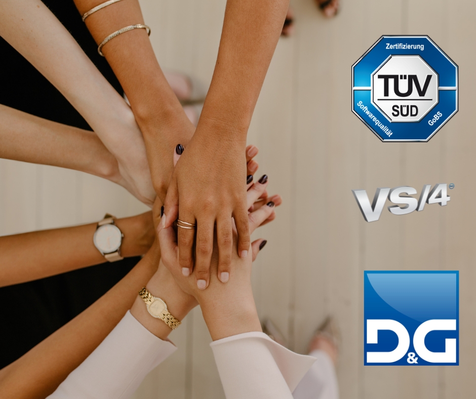 viele unterschiedliche h&auml;nde &uuml;bereinander symbol f&uuml;r Teamarbeit T&Uuml;V-S&Uuml;D Logo D&G-Software Logo und VS/4 Symbol