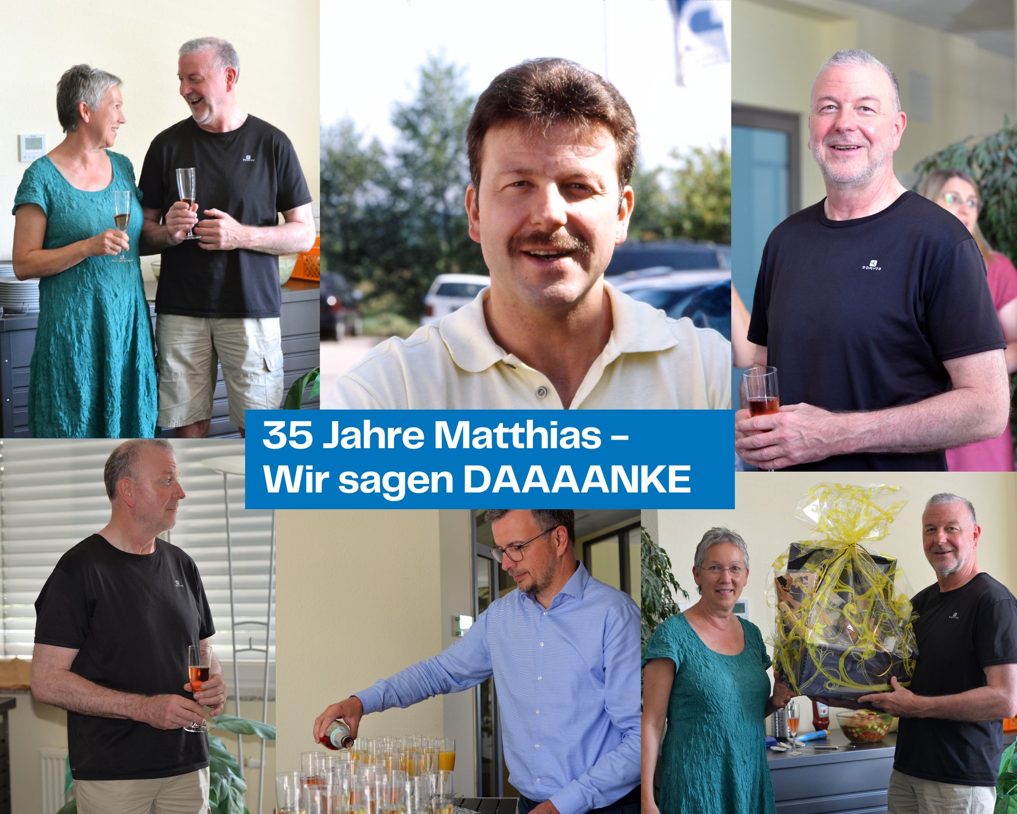 Mitarbeiter Matthias mit Chefin beim Ansto&szlig;en Jubil&auml;um und Collage von ihm