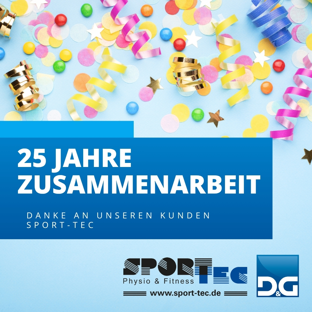 25 Jahre Zusammenarbeit SportTec und D&G-Software Logo mit Konfetti