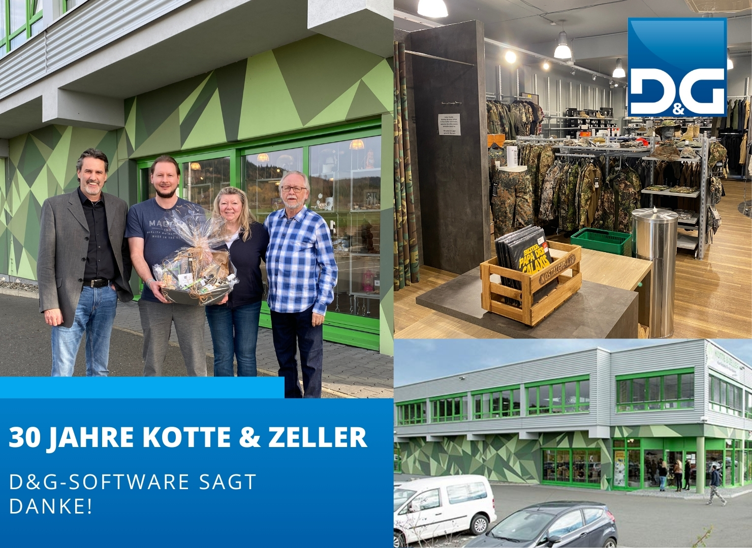 Collage aus Gesch&auml;ftsf&uuml;hrer D&G-Software und Gesch&auml;ftsf&uuml;hrer Kotte und Zeller , Ladenbild Kotte und Zeller und Firmengeb&auml;ude Kotte und Zeller