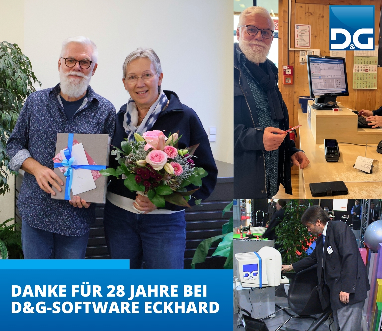 Collage aus 3 Bildern, Bild 1: Chefin Liane Schmauser &uuml;berreicht Eckhard Geschenk f&uuml;r Ruhestand Bild 2: Eckard Bild 3 Eckard damals vor 20 Jahren auf Messe im Anzug