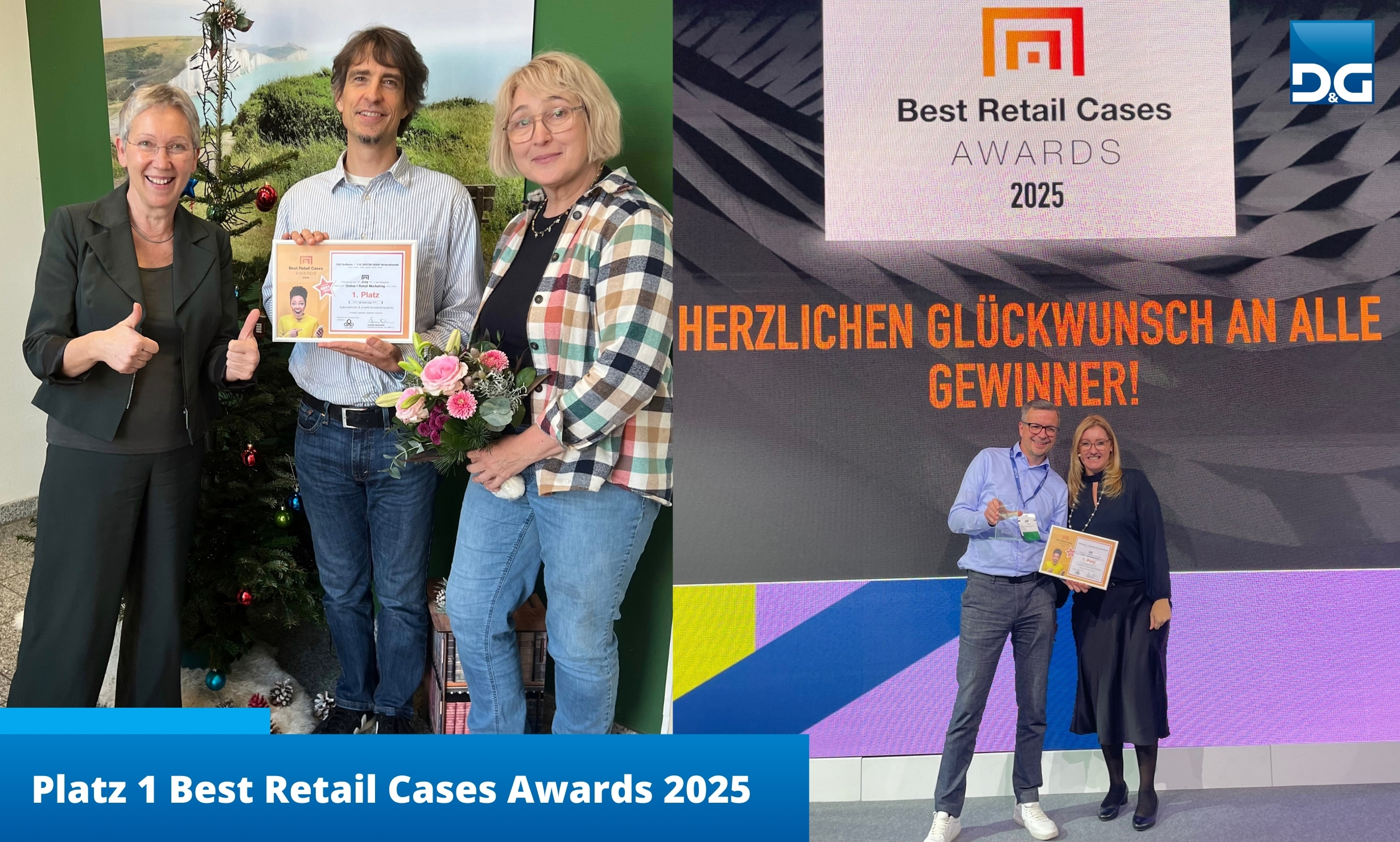 Collage Mitarbeiter halten Auszeichnung jeweils in der Hand einmal beim Kunde und einmal w&auml;hrend Preisverleihung