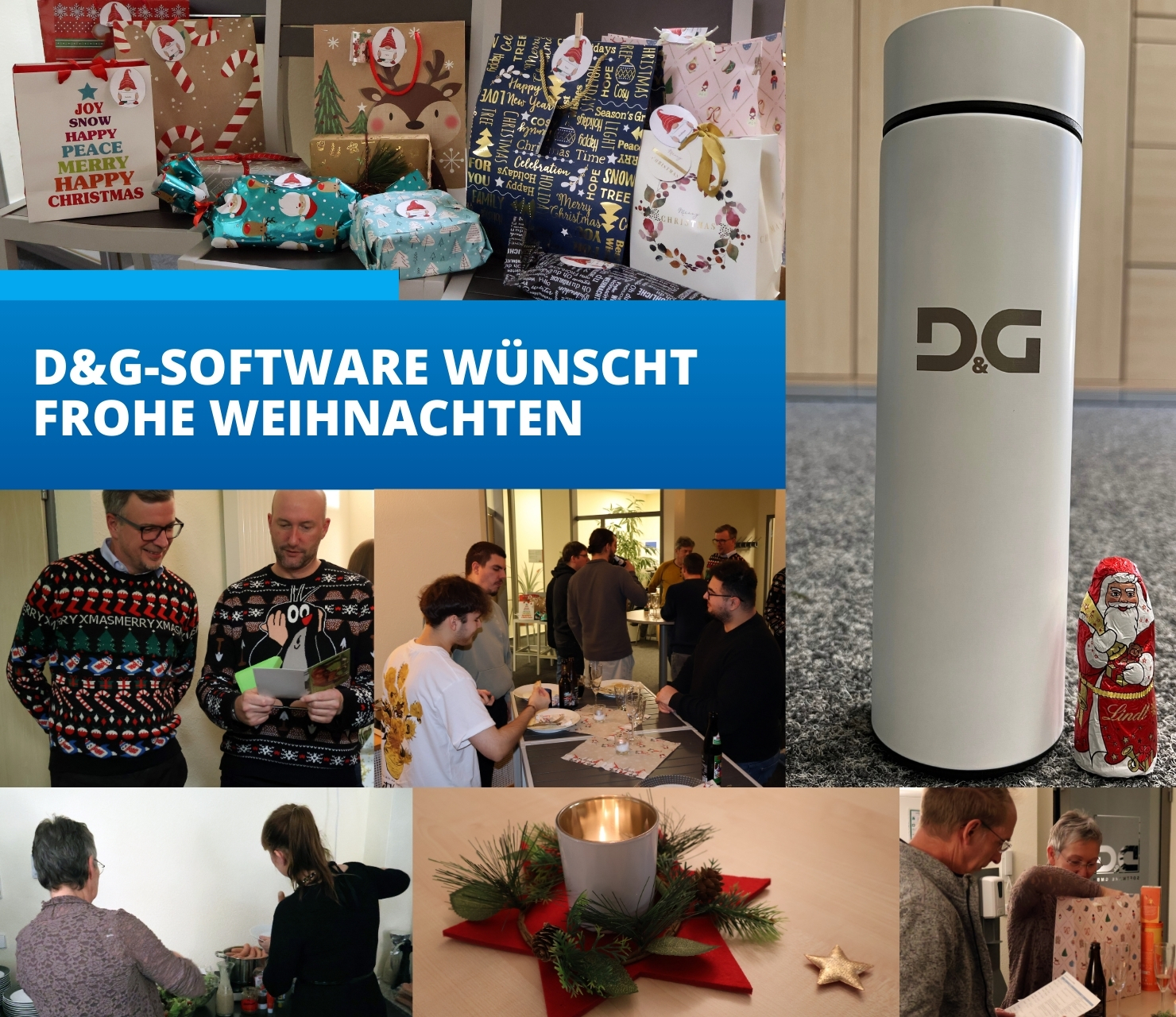 Collage Weihnachtsumtrunk  Geschenke und Mitarbeiter beim feiern und essen und auspacken