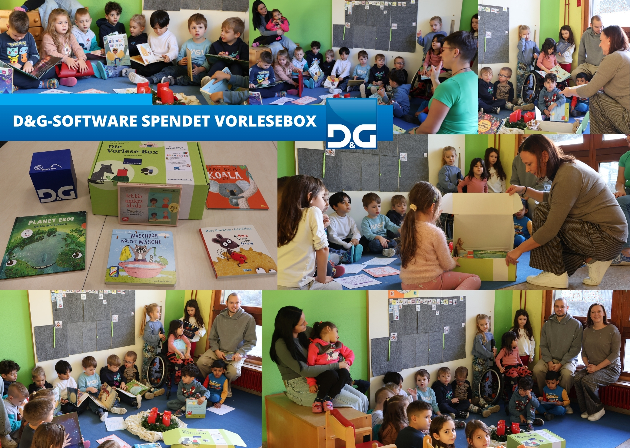 Collage mit Kindern des HZS und der Vorlesebox und den Mitarbeitern