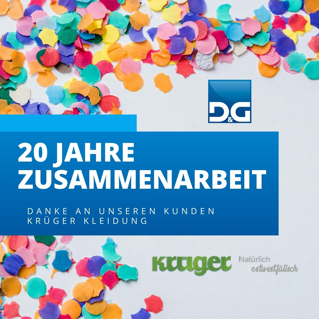 Bild mit Konfetti, Logo von D&G-Software und Krueger-Kleidung