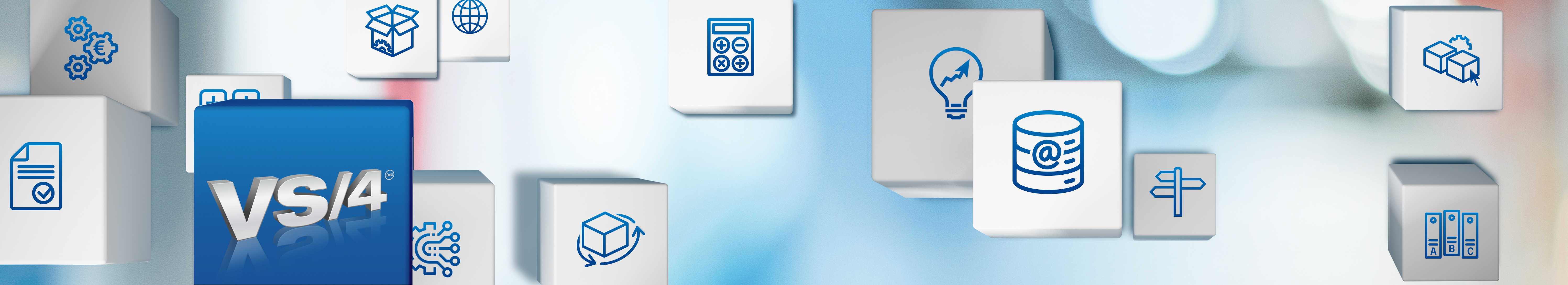 Schwebende W&uuml;rfel mit Produktlogo und Symbolen - visualisieren die vielf&auml;ltigen Leistungen von D&G-Software