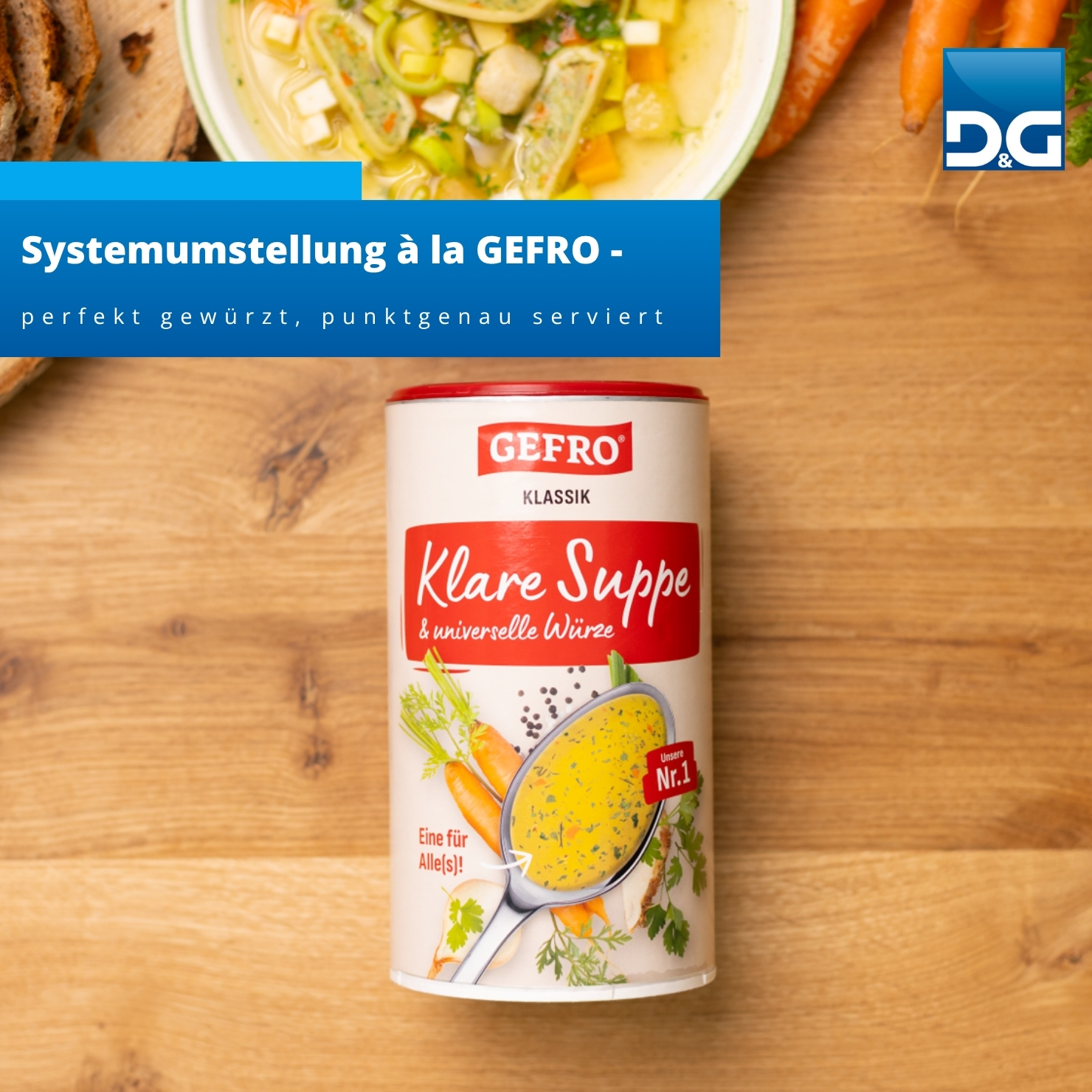 Suppengew&uuml;rz von GEFRO mit Maultaschensuppe im Hintergrund