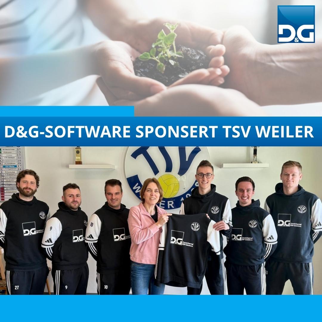 Herrenmannschaft TSV Weiler Gruppenbild mit Mitarbeiterin von D&G-Software GmbH bei &Uuml;bergabe der Hoodies