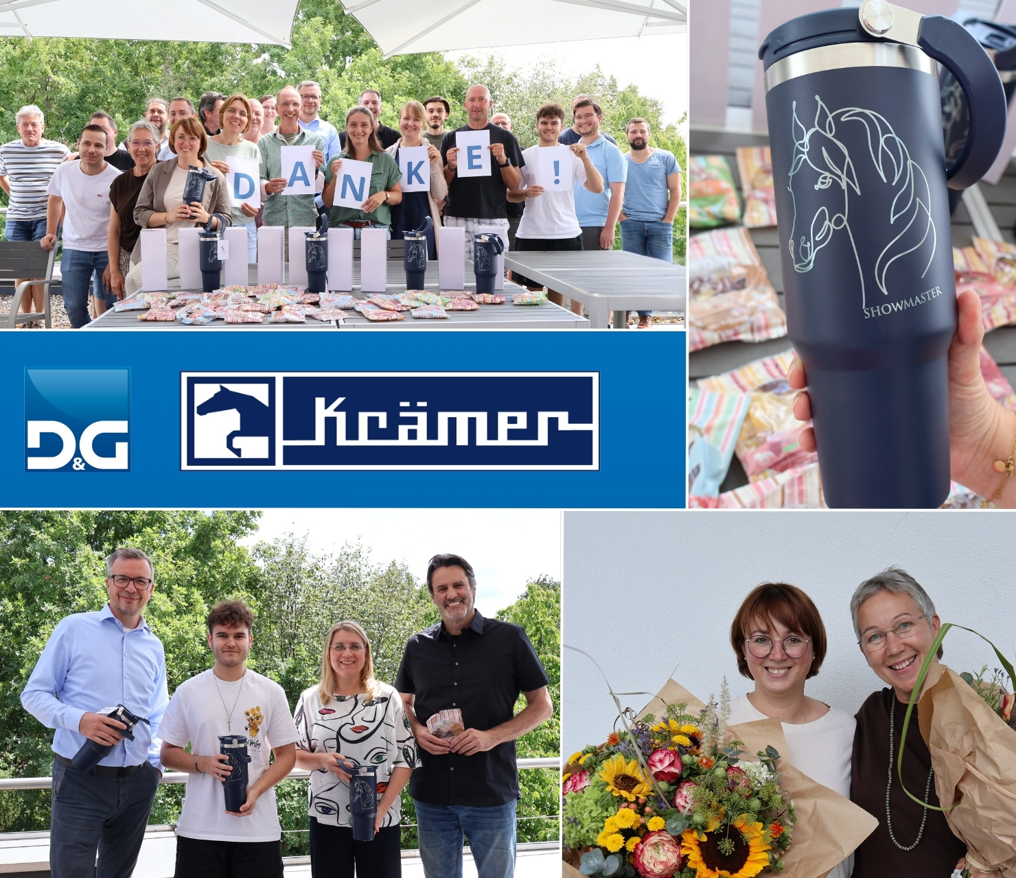 Collage Mitarbeiter mit Dankes Schild und Mitarbeiterinnen, die Geschenke von Kr&auml;mer halten. Gesch&auml;ftsleitung mit Blumen