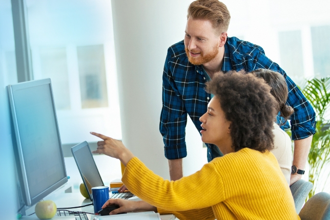 Team arbeitet zusammen am PC - Karriere bei D&G-Software